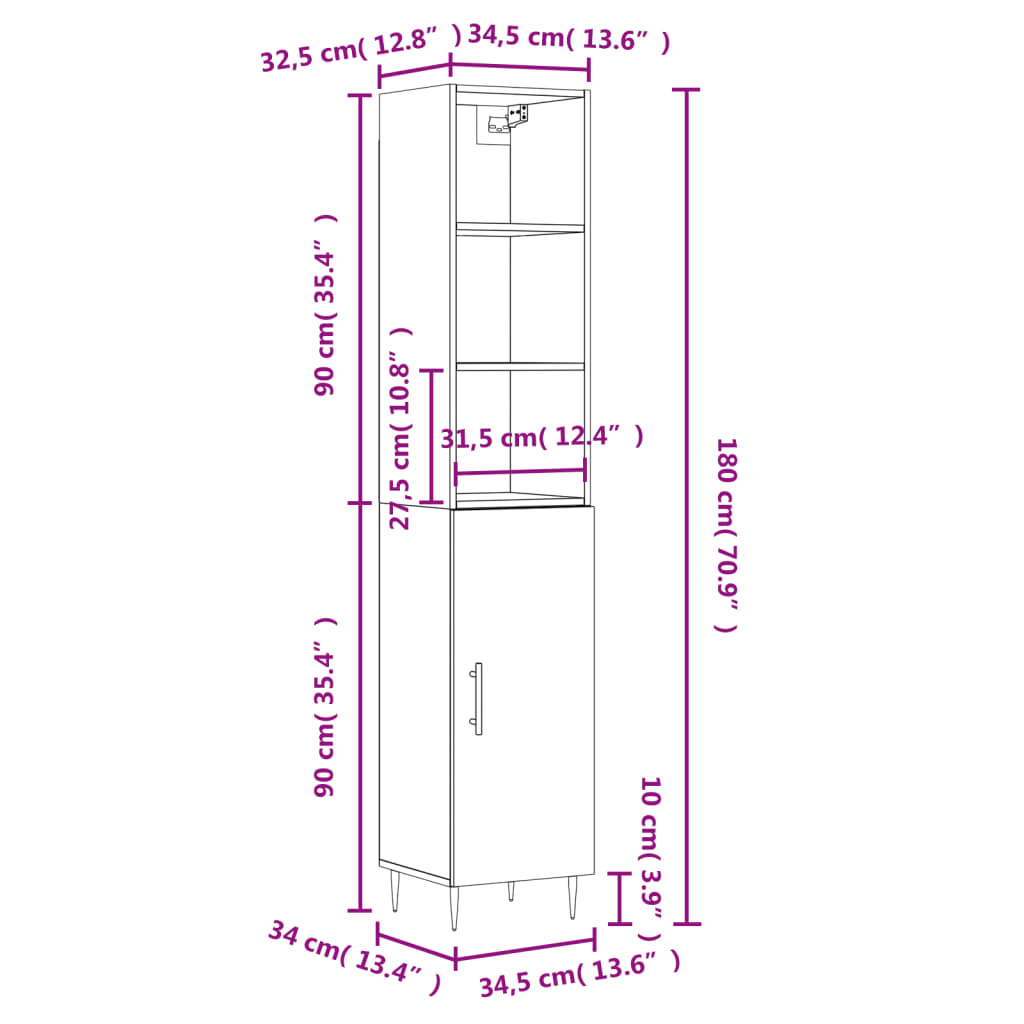 vidaXL skab 34,5x34x180 cm konstrueret træ sonoma-eg