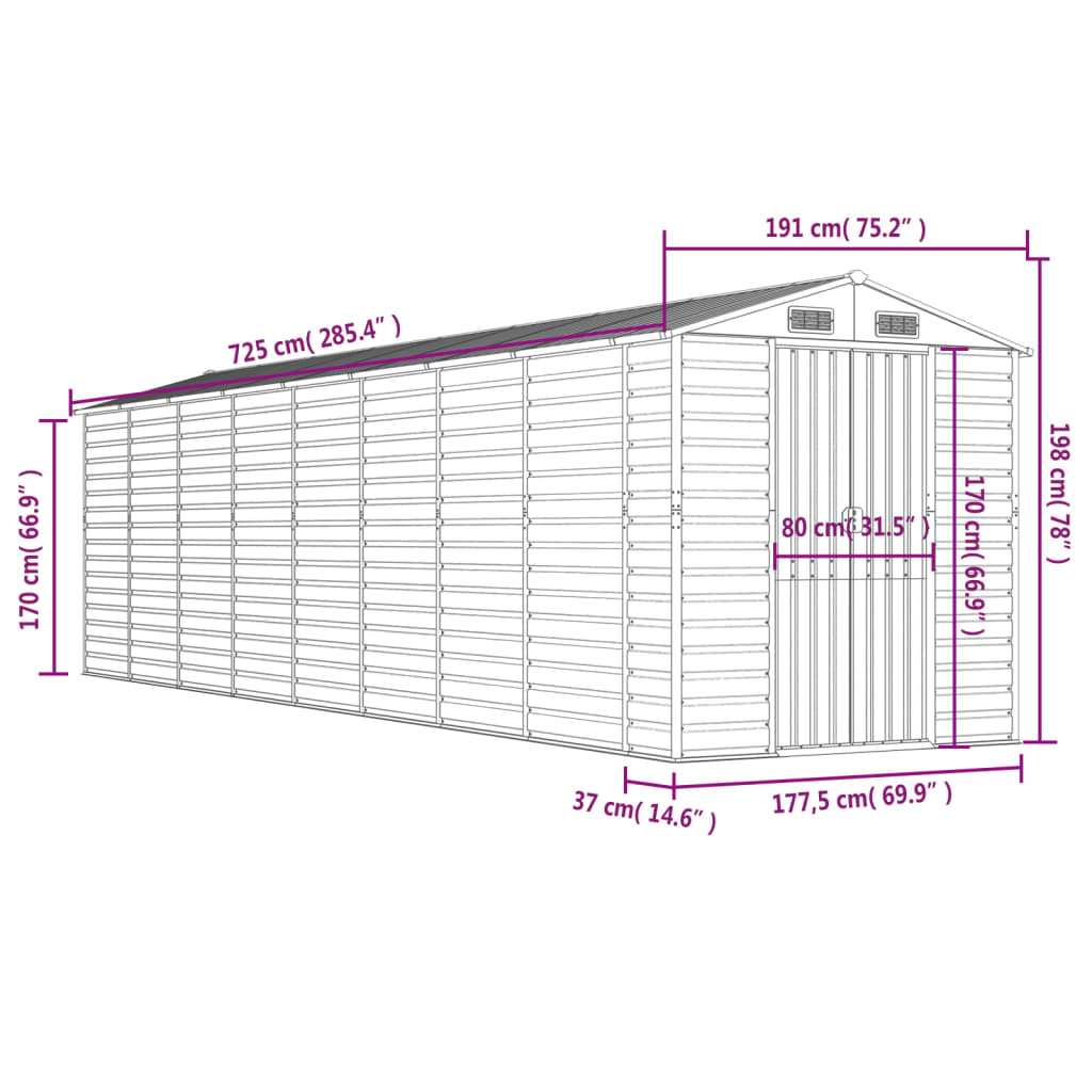 vidaXL haveskur 191x725x198 cm galvaniseret stål brun