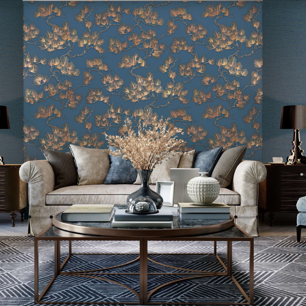 DUTCH WALLCOVERINGS tapet Pine Tree guldfarvet og blå