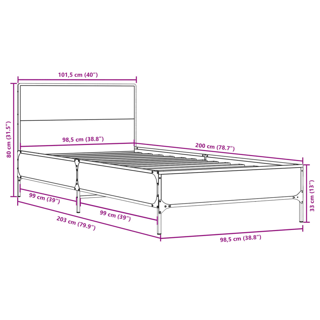 vidaXL sengeramme 100x200 cm konstrueret træ og metal røget eg