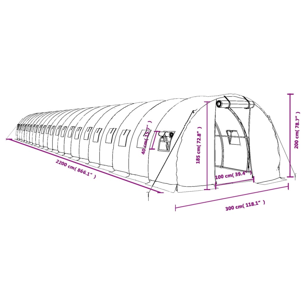 vidaXL drivhus med stålstel 66 m² 22x3x2 m hvid