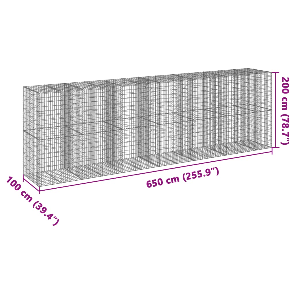 vidaXL gabionkurv med cover 650x100x200 cm galvaniseret jern