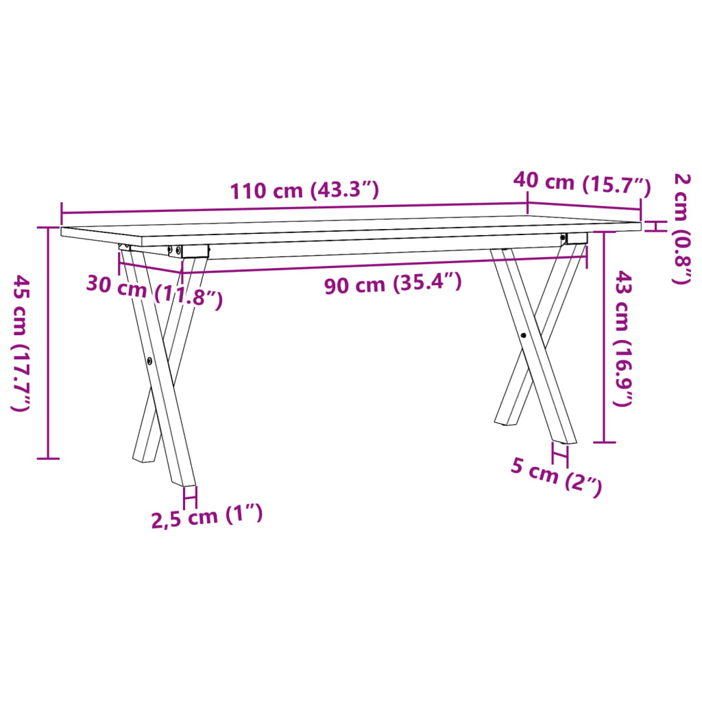 vidaXL sofabord 110x40x45 cm X-stel massivt fyrretræ og støbejern