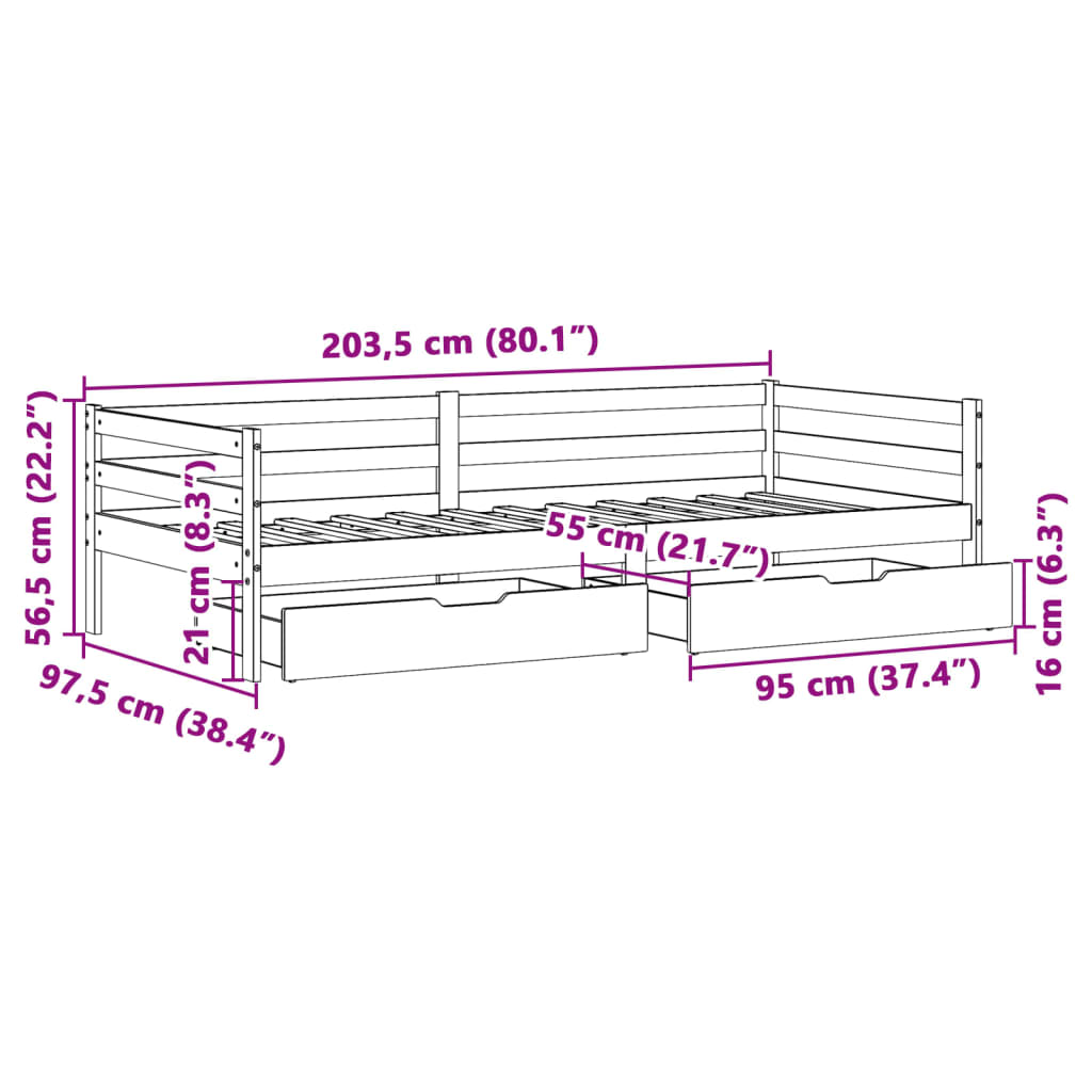 vidaXL daybed med skuffer 90x200 cm massivt fyrretræ hvid