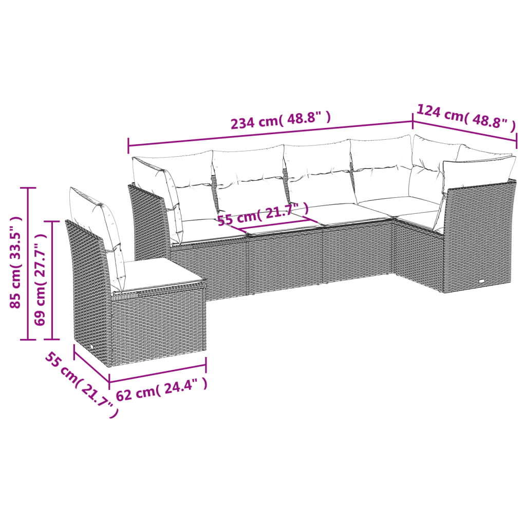 vidaXL sofasæt til haven 6 dele med hynder polyrattan sort