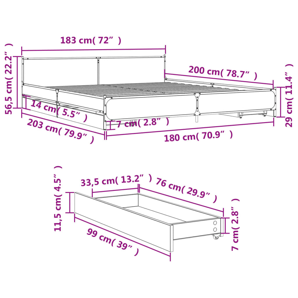 vidaXL sengeramme med skuffer 180x200 cm konstrueret træ grå sonoma-eg