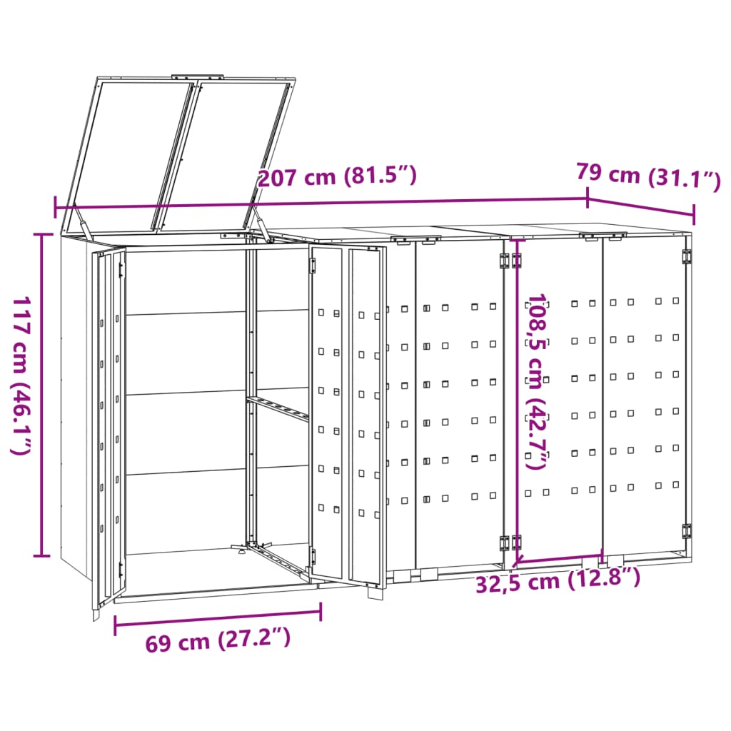 vidaXL skraldespandsskjuler 207x79x117 cm 3 rum stål sort