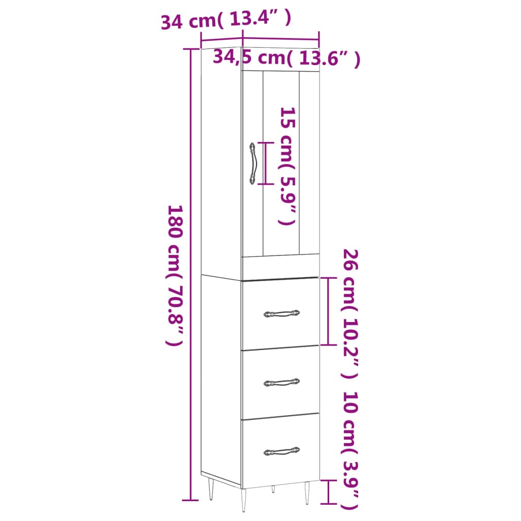 vidaXL skab 34,5x34x180 cm konstrueret træ brun egetræsfarve