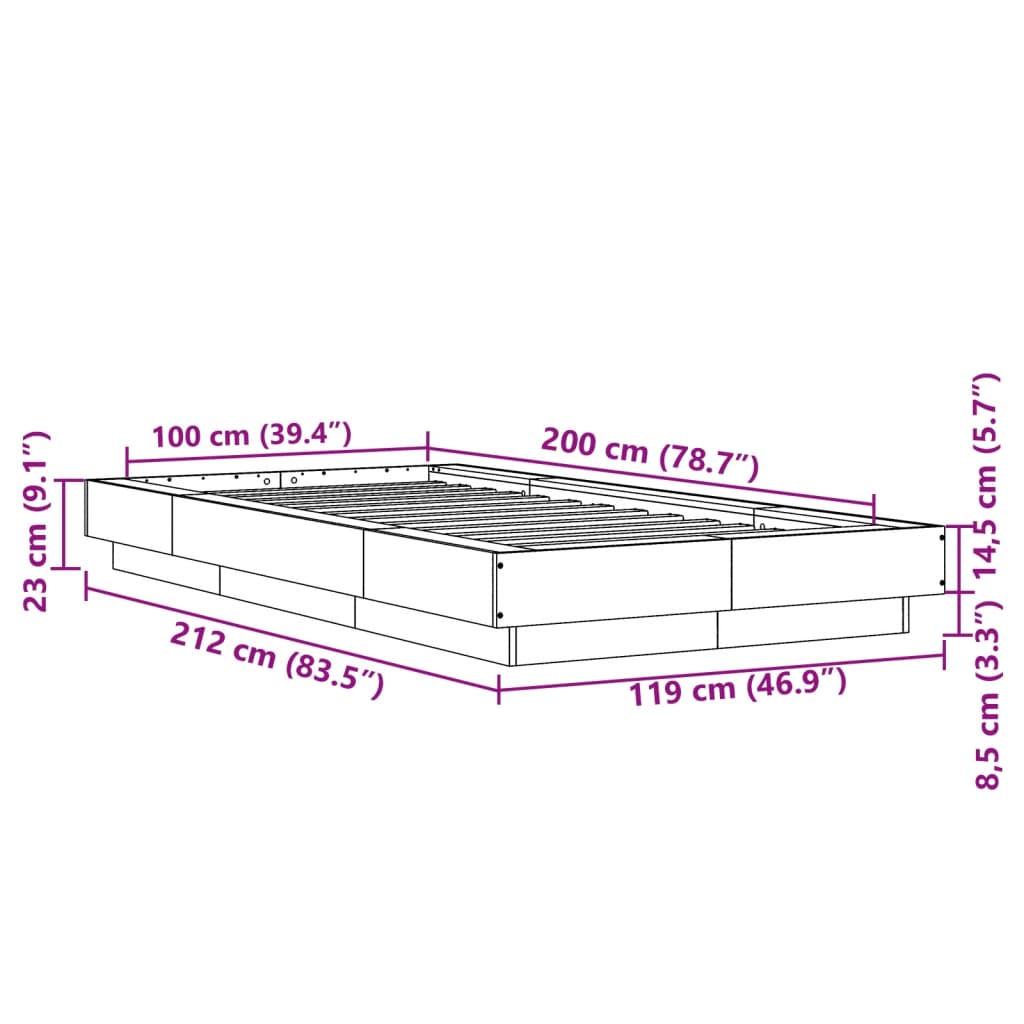 vidaXL sengeramme med LED-lys 100x200 cm brun egetræsfarve