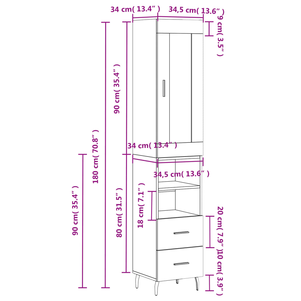 vidaXL skab 34,5x34x180 cm konstrueret træ brun egetræsfarve