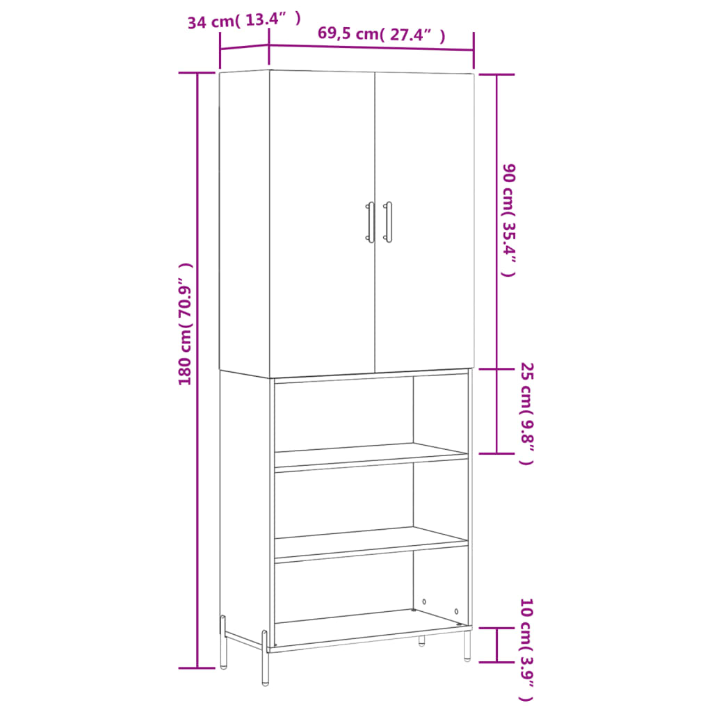 vidaXL højskab 69,5x34x180 cm konstrueret træ hvid