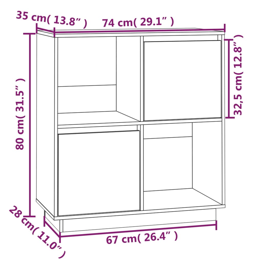 vidaXL skænk 74x35x80 cm massivt fyrretræ hvid