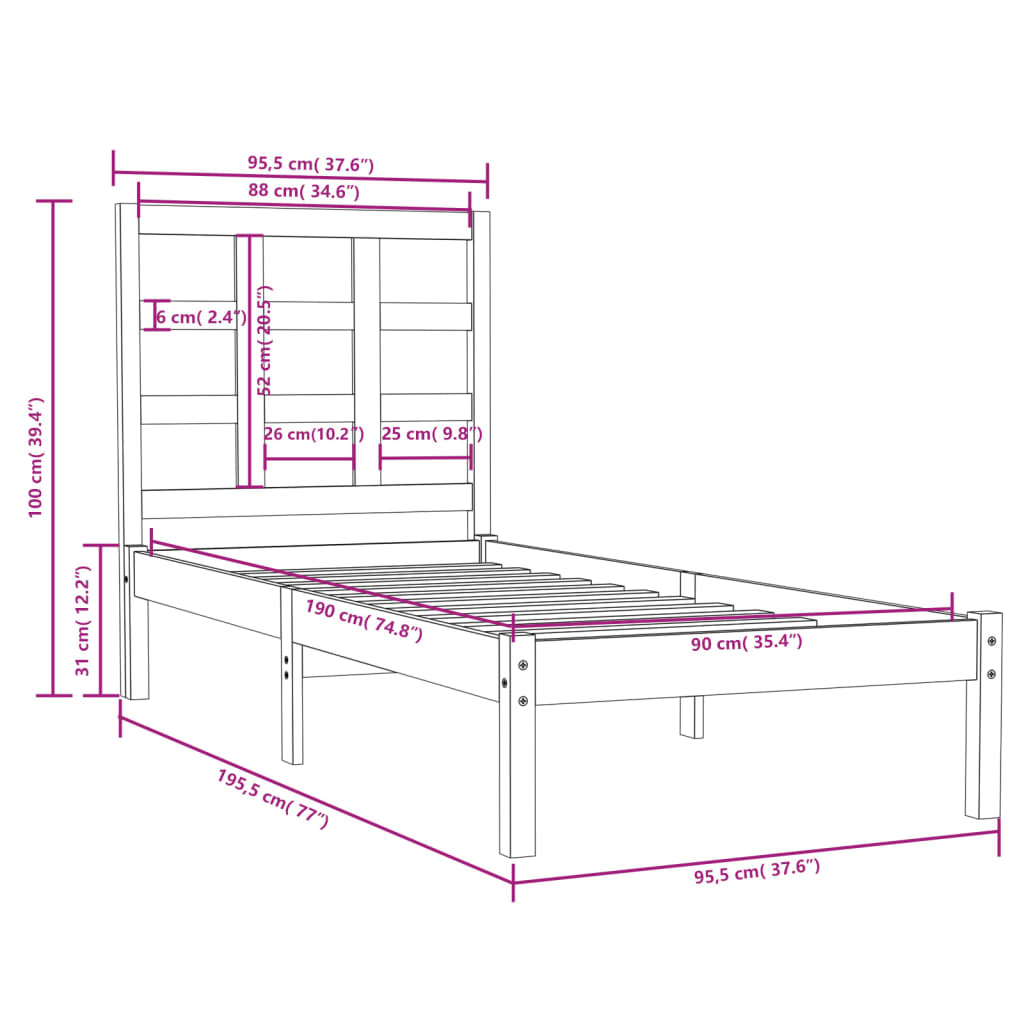 vidaXL sengeramme 90x190 cm Single massivt træ sort