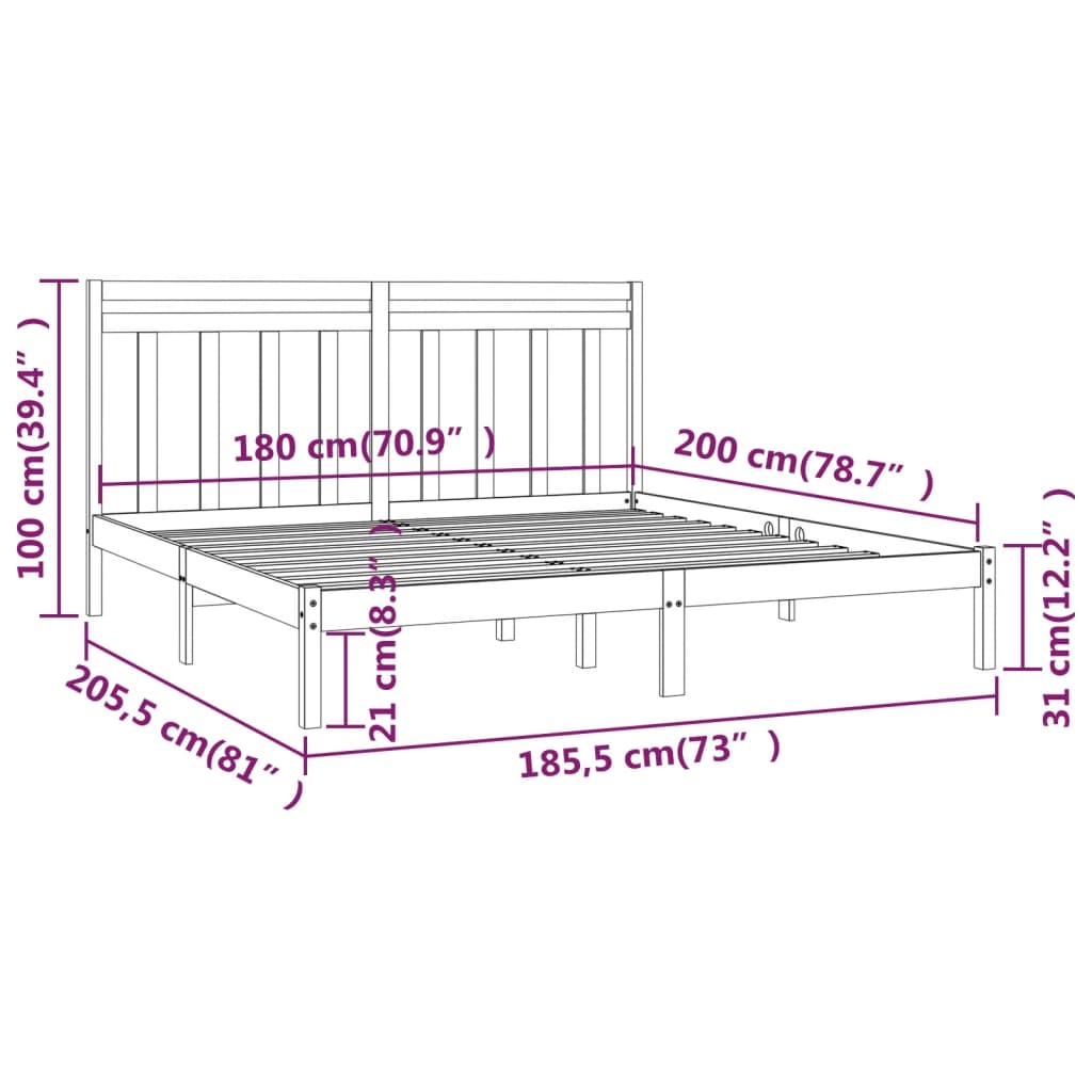 vidaXL sengestel 180x200 cm Super King massivt fyrretræ sort