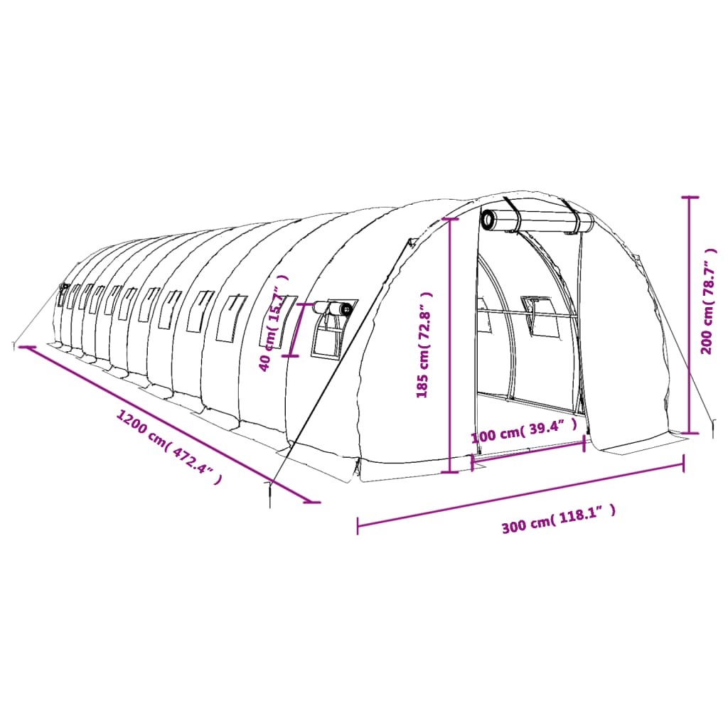 vidaXL drivhus med stålstel 36 m² 12x3x2 m hvid