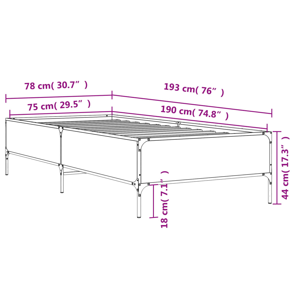 vidaXL sengeramme 75x190 cm konstrueret træ og metal brun egetræsfarve