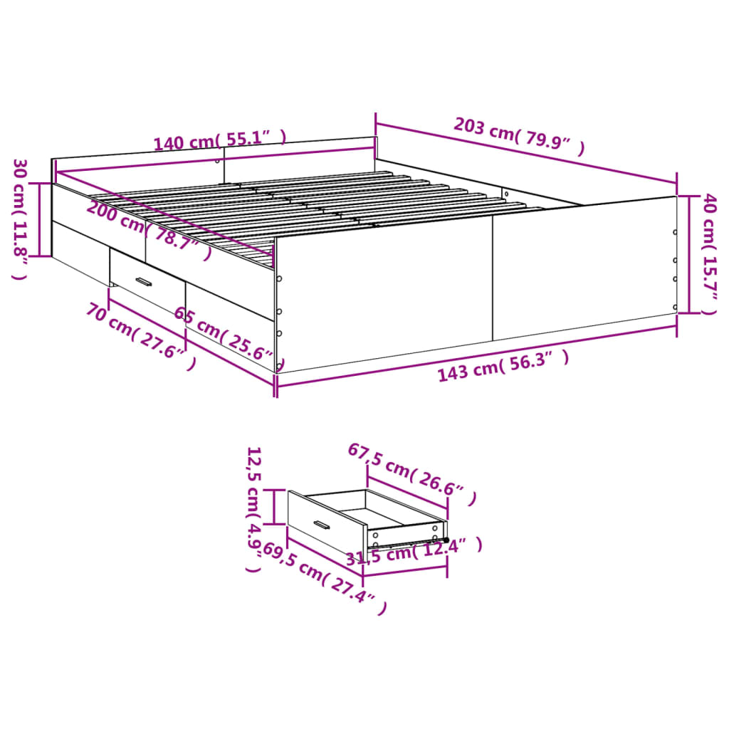 vidaXL sengeramme med skuffer 140x200 cm konstrueret træ betongrå