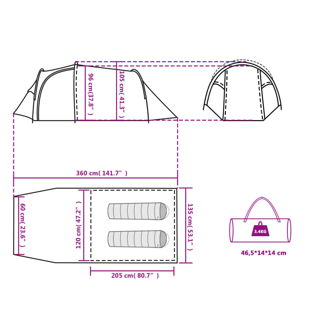 vidaXL 4-personers telt 360x140x105 cm 185T taft grøn