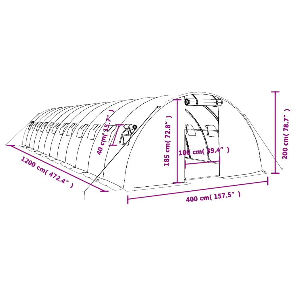 vidaXL drivhus med stålstel 48 m² 12x4x2 m grøn