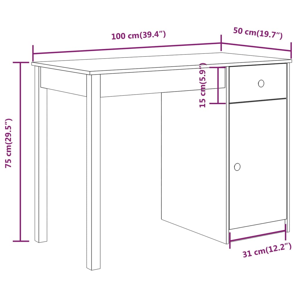 vidaXL skrivebord 100x50x75 cm massivt fyrretræ hvid