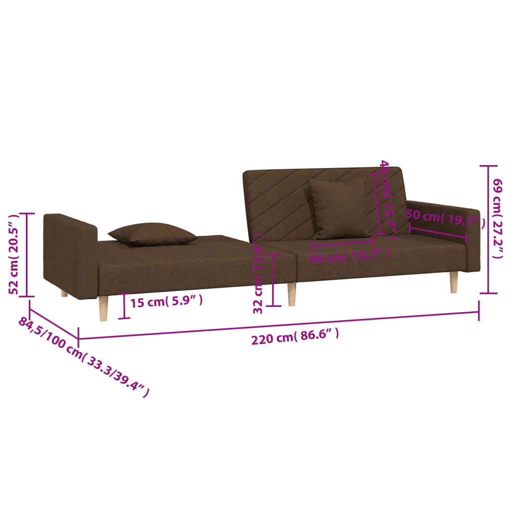 vidaXL 2-personers sovesofa med 2 puder stof brun