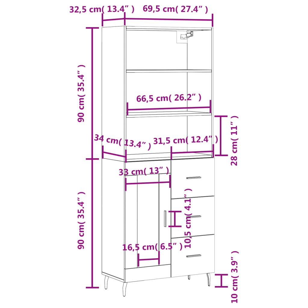 vidaXL højskab 69,5x34x180 cm konstrueret træ brun egetræsfarve