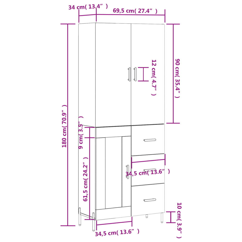 vidaXL højskab 69,5x34x180 cm konstrueret træ brun egetræsfarve