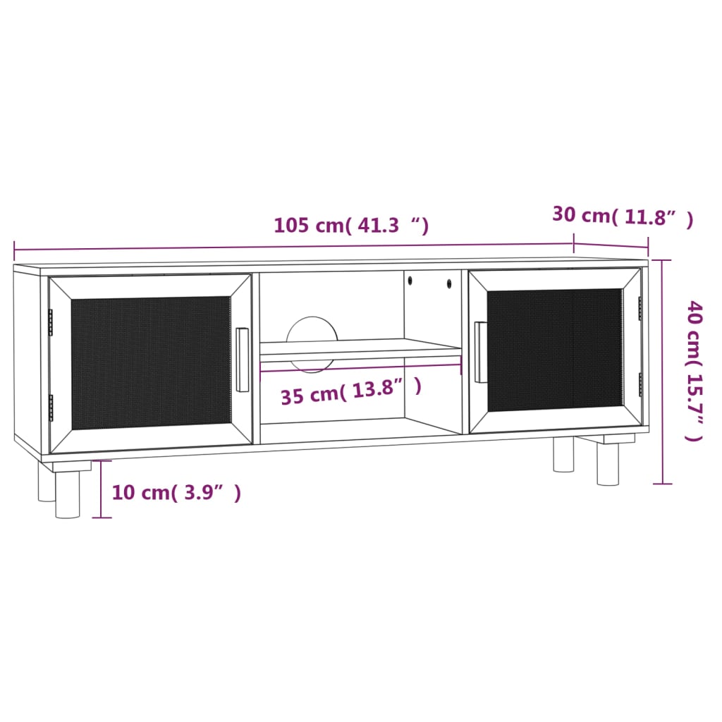 vidaXL tv-bord 105x30x40 cm massivt fyrretræ og naturlig rattan brun