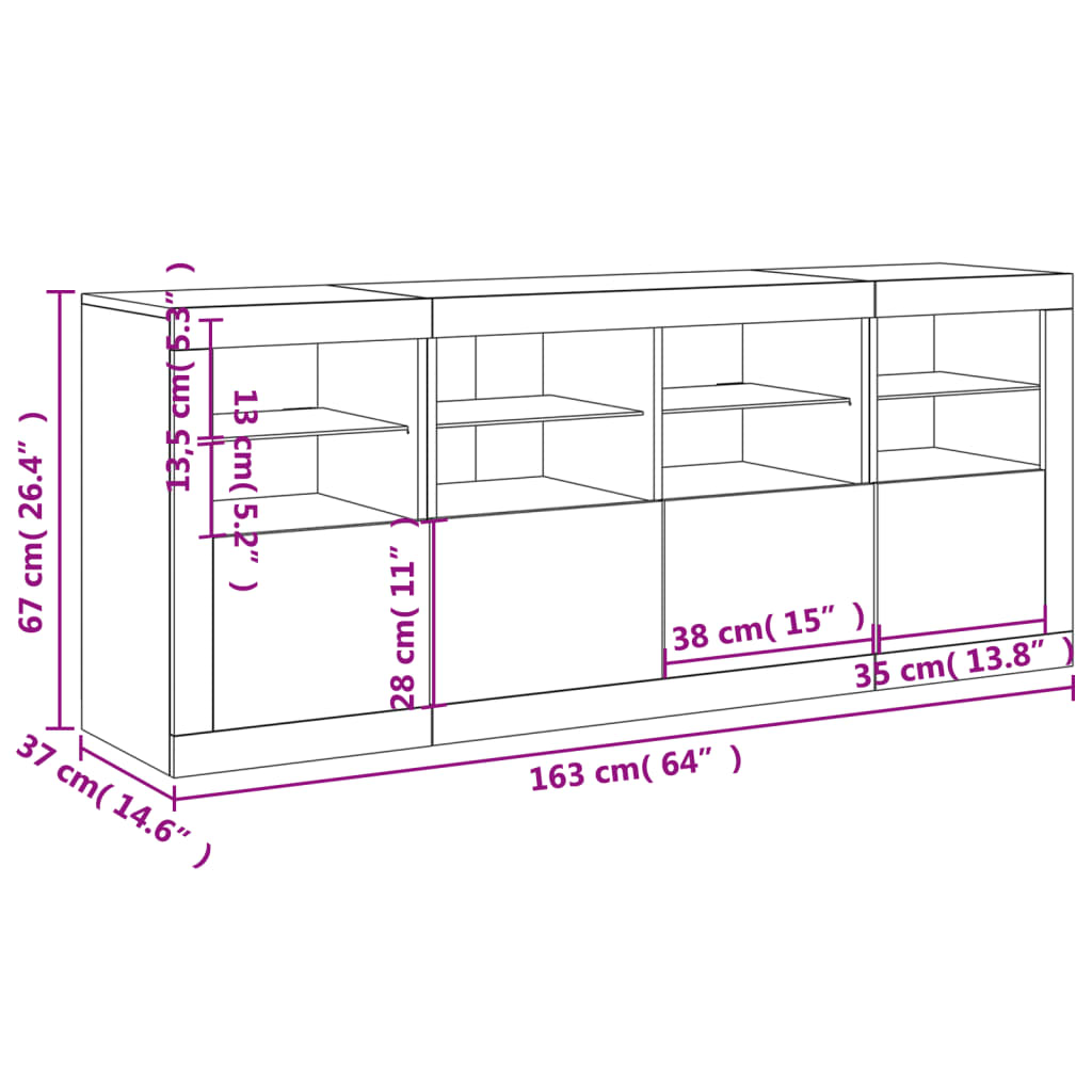 vidaXL skænk med LED-lys 163x37x67 cm hvid