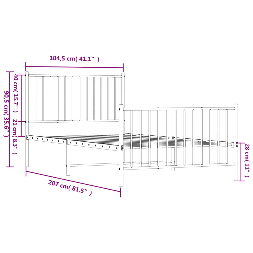 vidaXL sengeramme med sengegavl og fodgærde 100x200 cm metal hvid