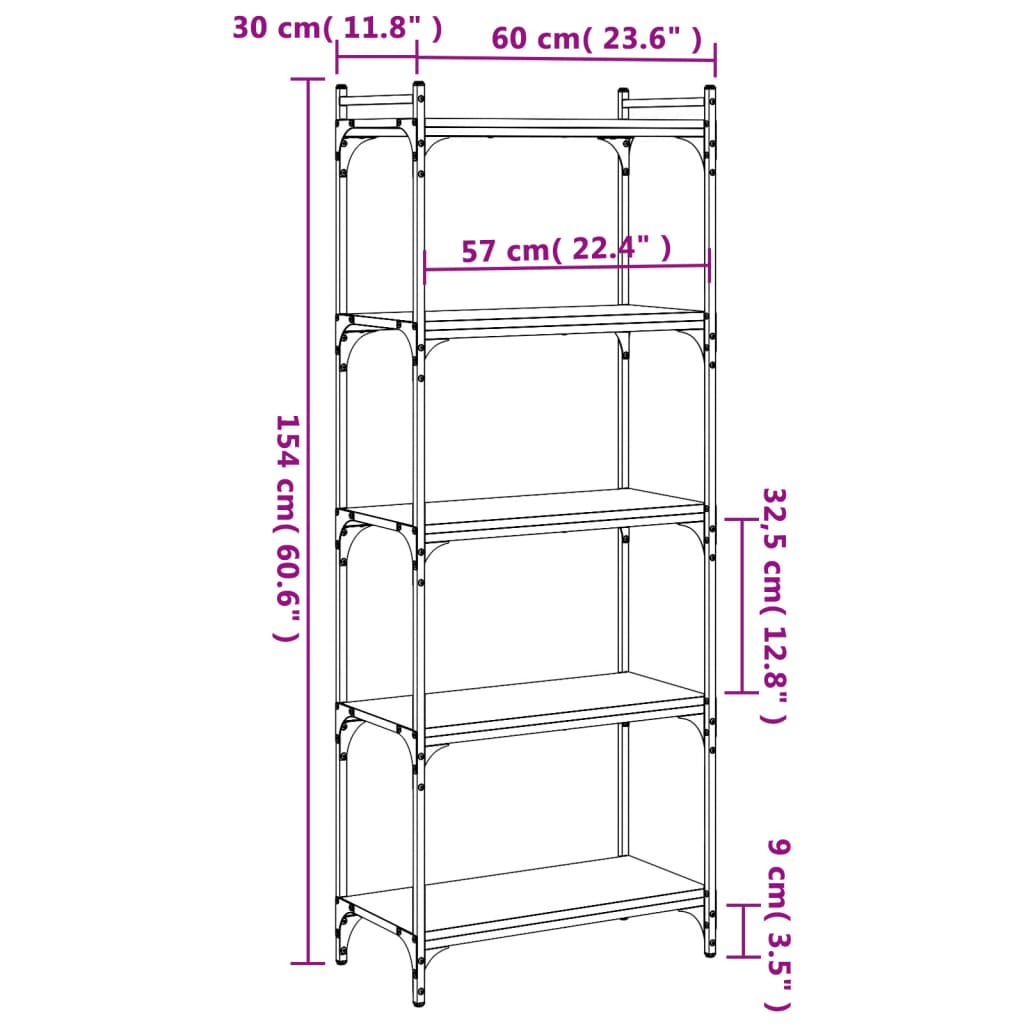 vidaXL bogreol med 5 hylder 60x30x154 cm konstrueret træ sort