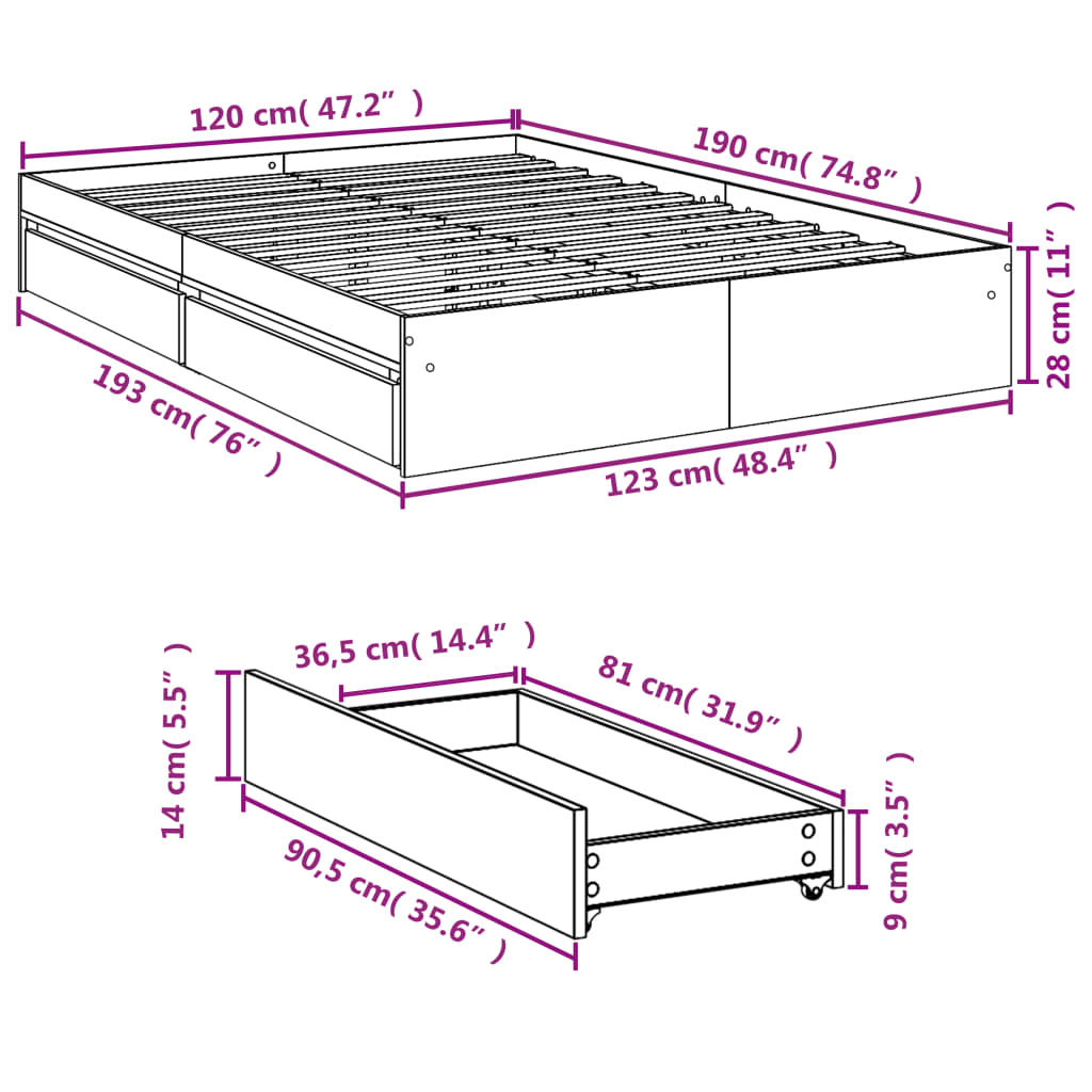 vidaXL sengeramme med skuffer 120x190 cm konstrueret træ røget eg