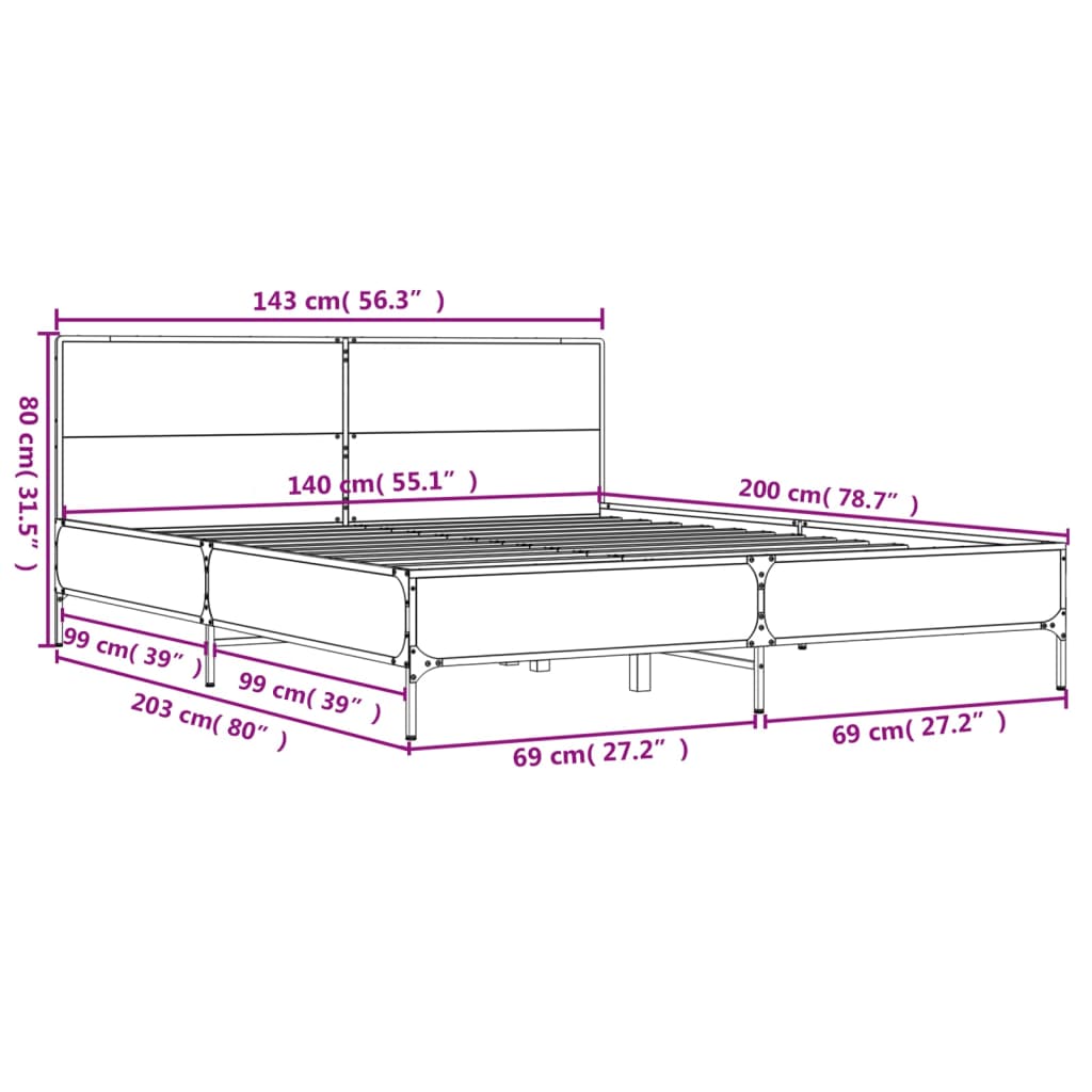 vidaXL sengestel 140x200cm konstrueret træ og metal røget egetræsfarve