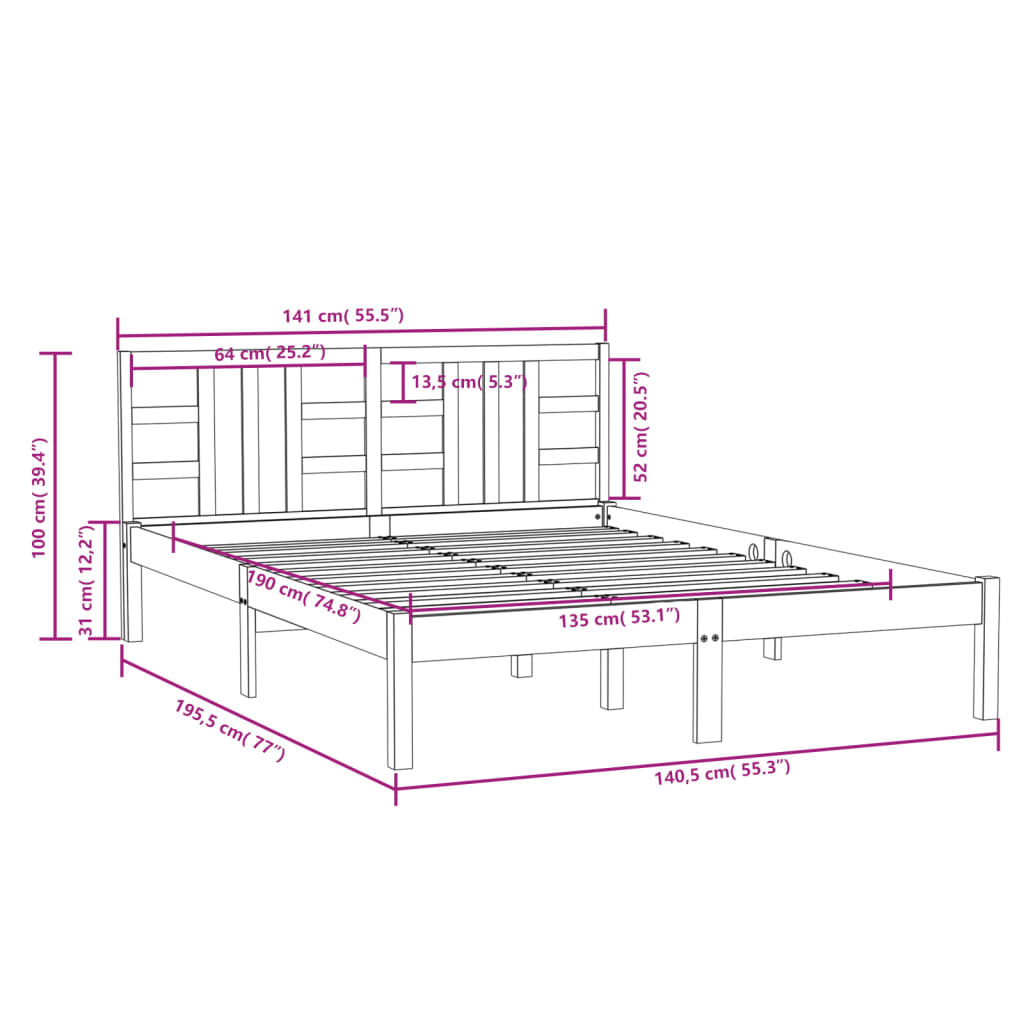 vidaXL sengeramme 135x190 cm Double massivt fyrretræ sort