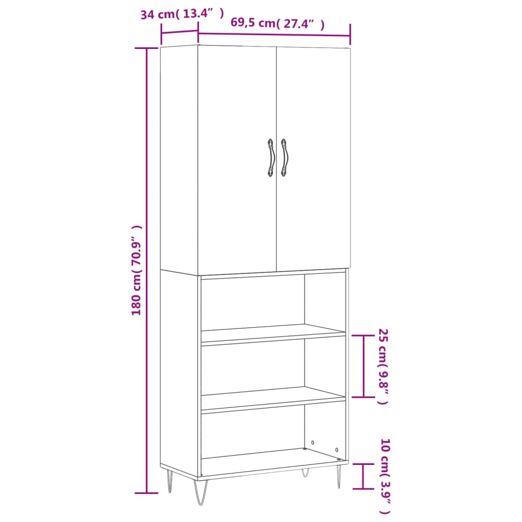 vidaXL højskab 69,5x34x180 cm konstrueret træ brun egetræsfarve