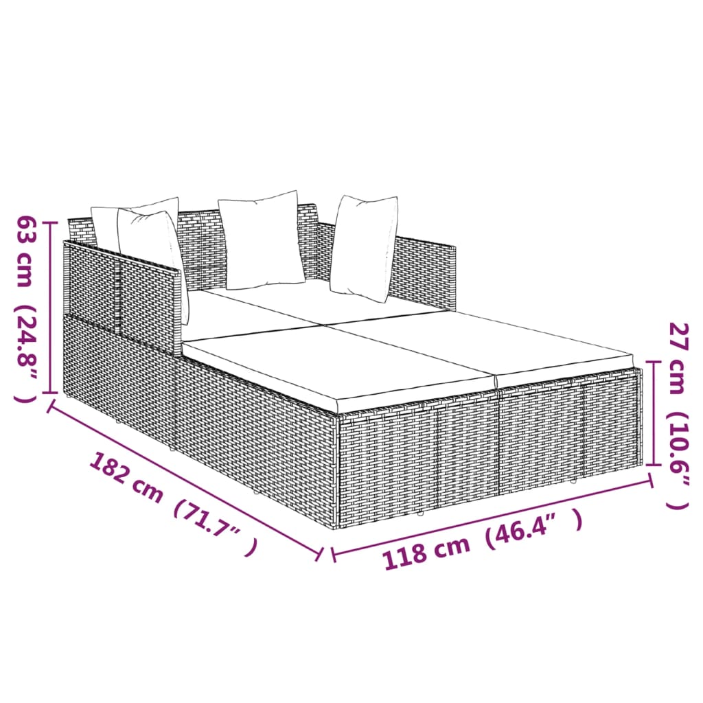 vidaXL solseng med hynder 182x118x63 cm polyrattan sort