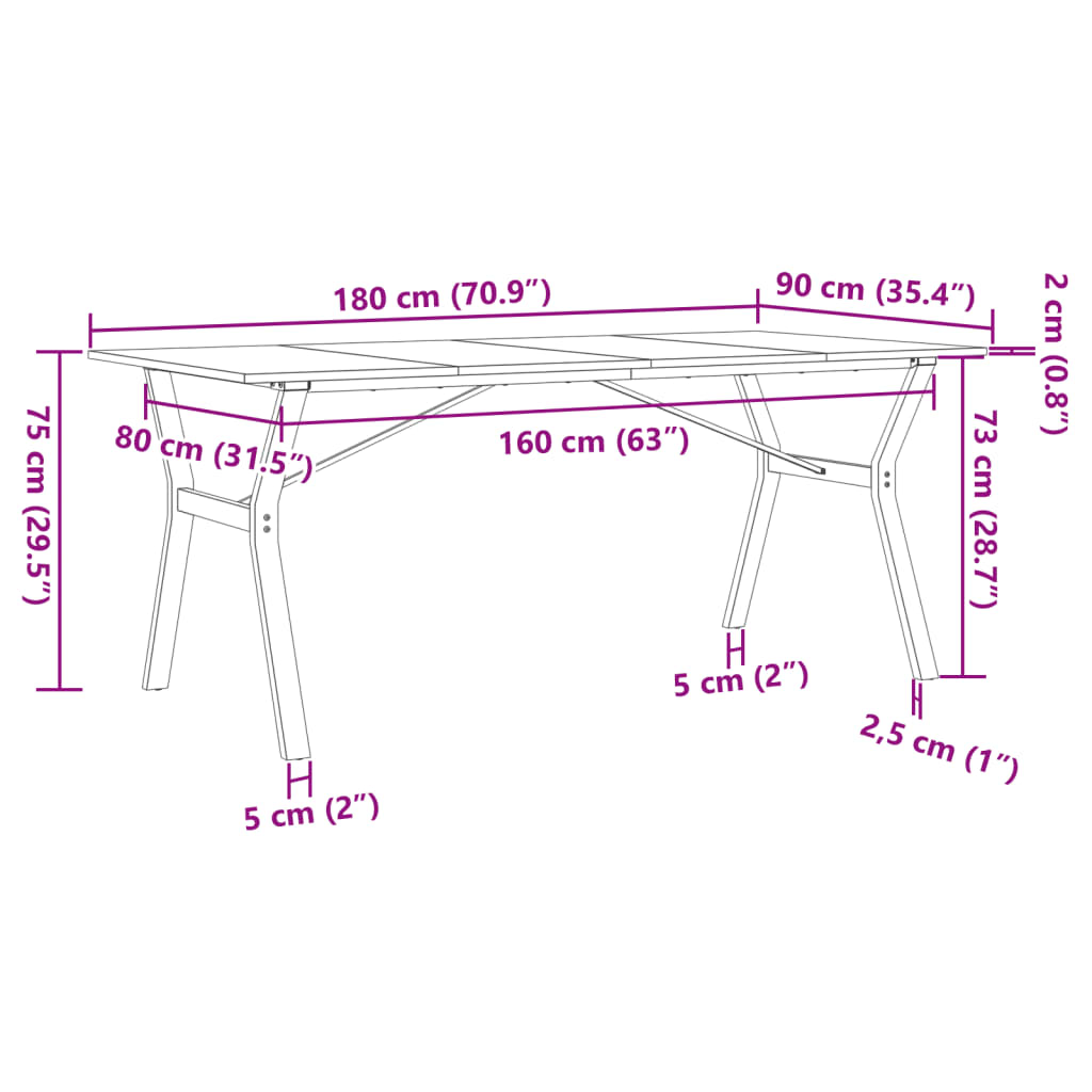 vidaXL spisebord 180x90x75 cm Y-stel massivt fyrretræ og støbejern