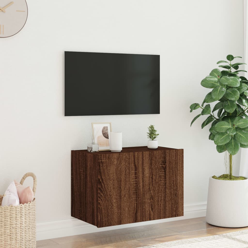 vidaXL væghængt tv-bord med LED-lys 60x35x41 cm brun egetræsfarve