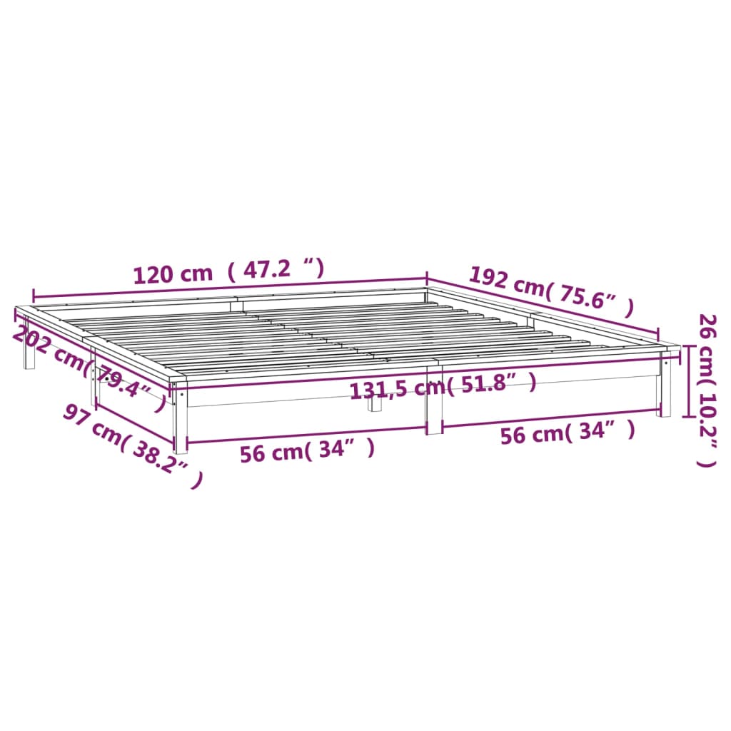 vidaXL sengeramme med LED-lys 120x190 cm Small Double massivt træ sort