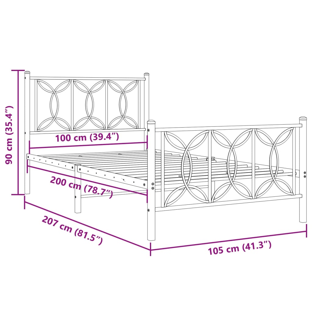 vidaXL sengeramme med sengegavl og fodgærde 100x200 cm metal hvid