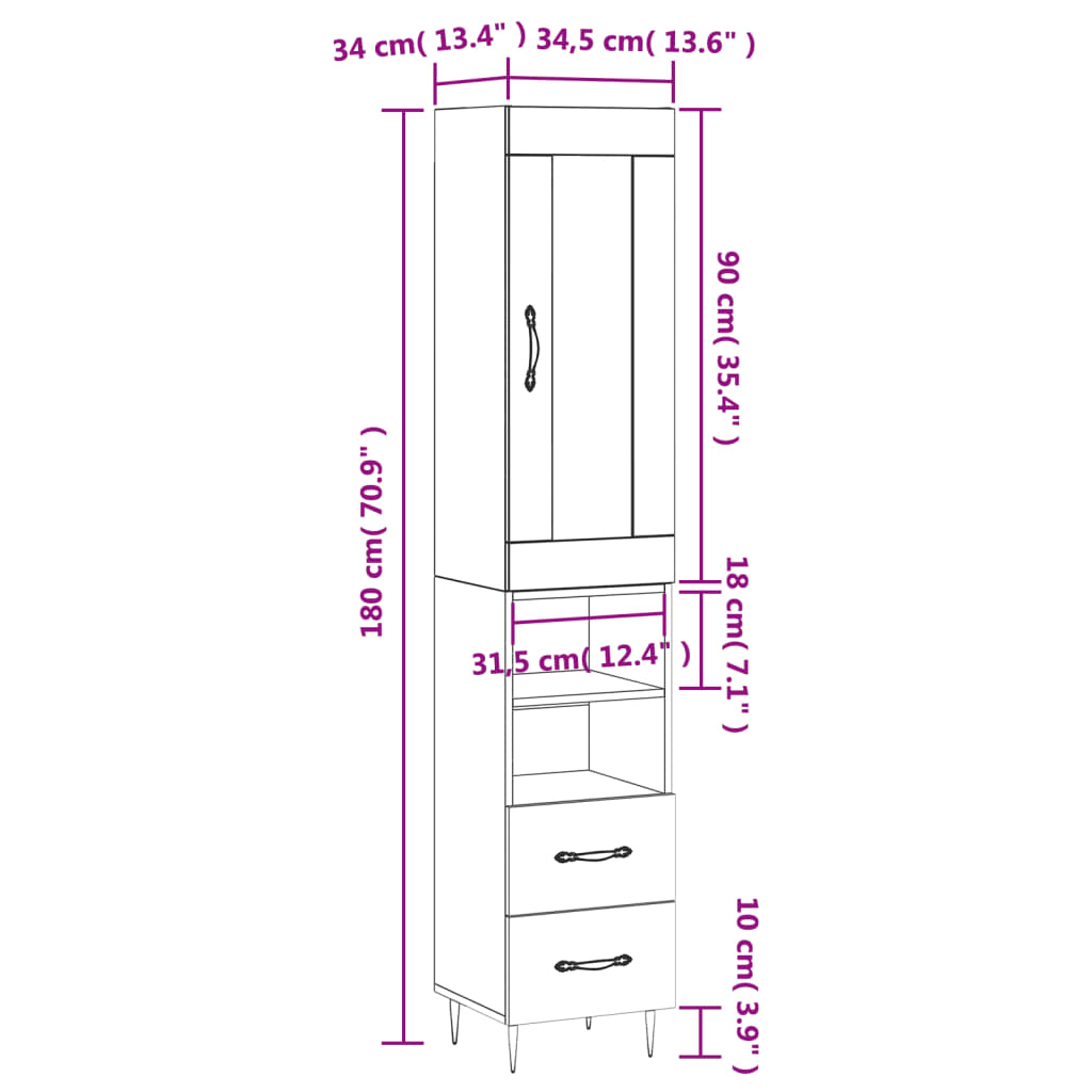 vidaXL skab 34,5x34x180 cm konstrueret træ hvid