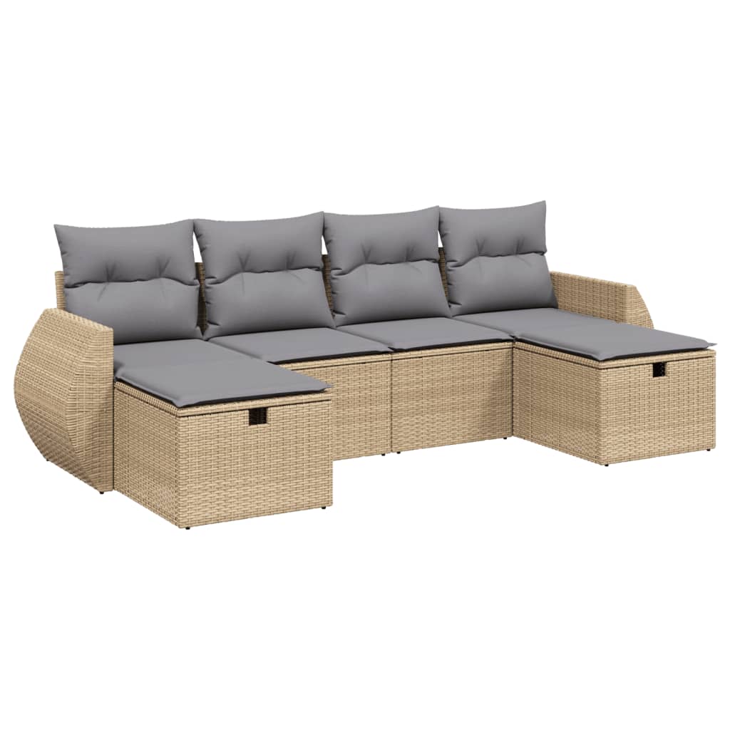 vidaXL havesofasæt 6 dele med hynder polyrattan beige