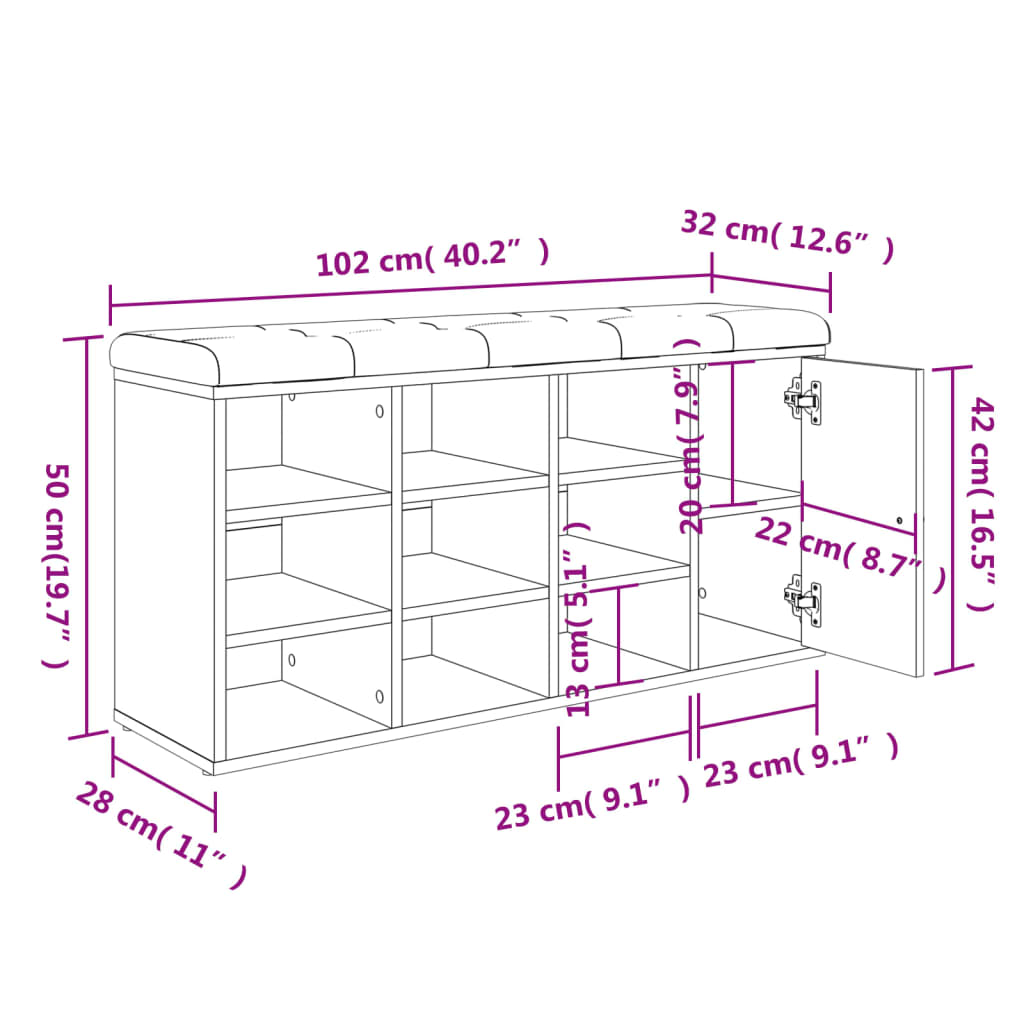 vidaXL skobænk 102x32x50 cm konstrueret træ sonoma-eg