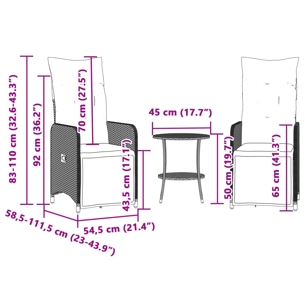 vidaXL havestole 2 stk. med lænefunktion og bord polyrattan grå