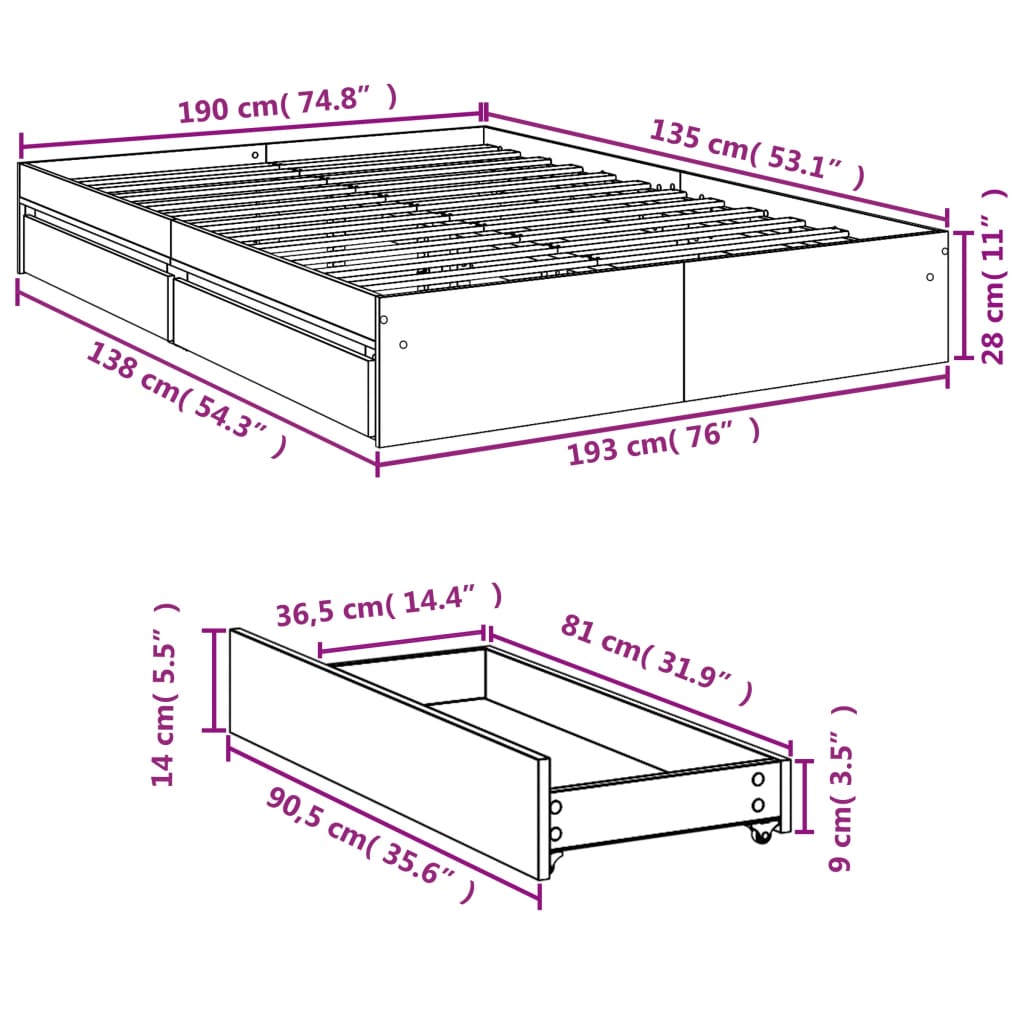 vidaXL sengeramme med skuffer 135x190 cm konstrueret træ sort