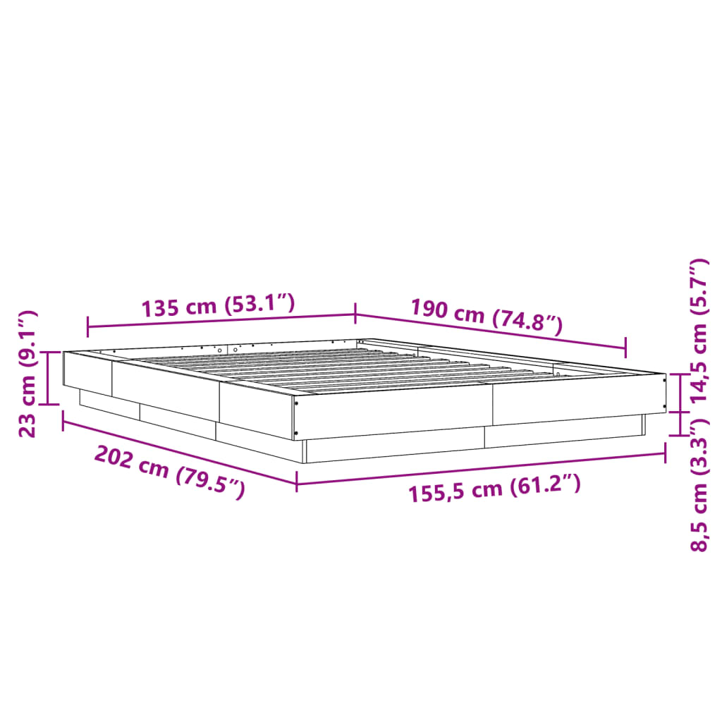 vidaXL sengeramme med LED-lys 135x190 cm konstrueret træ sonoma-eg