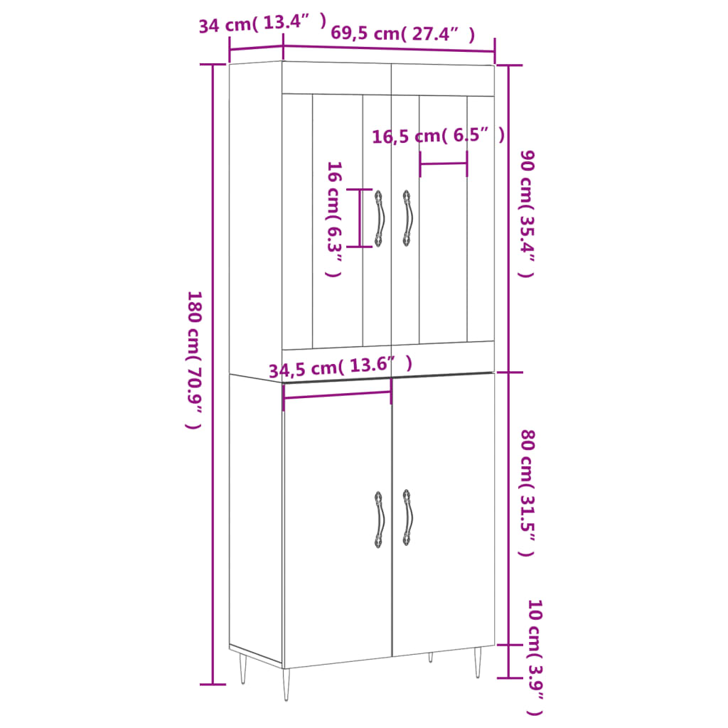 vidaXL højskab 69,5x34x180 cm konstrueret træ hvid højglans