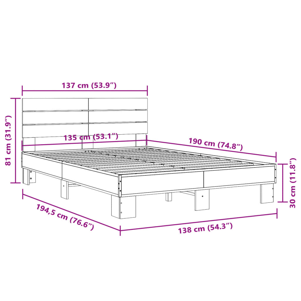 vidaXL sengestel 135x190 cm konstrueret træ og metal brun egetræsfarve