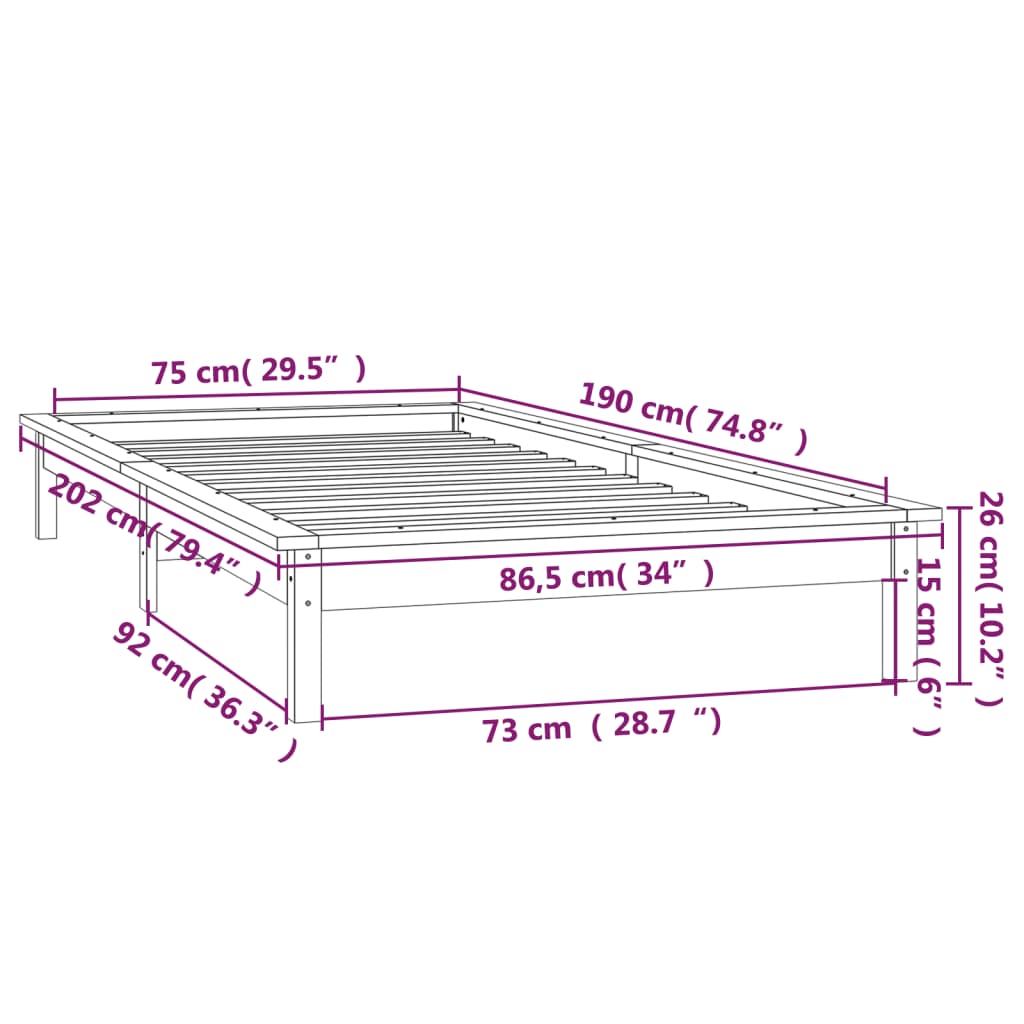 vidaXL sengeramme med LED-lys 75x190 cm Small Single massivt træ grå