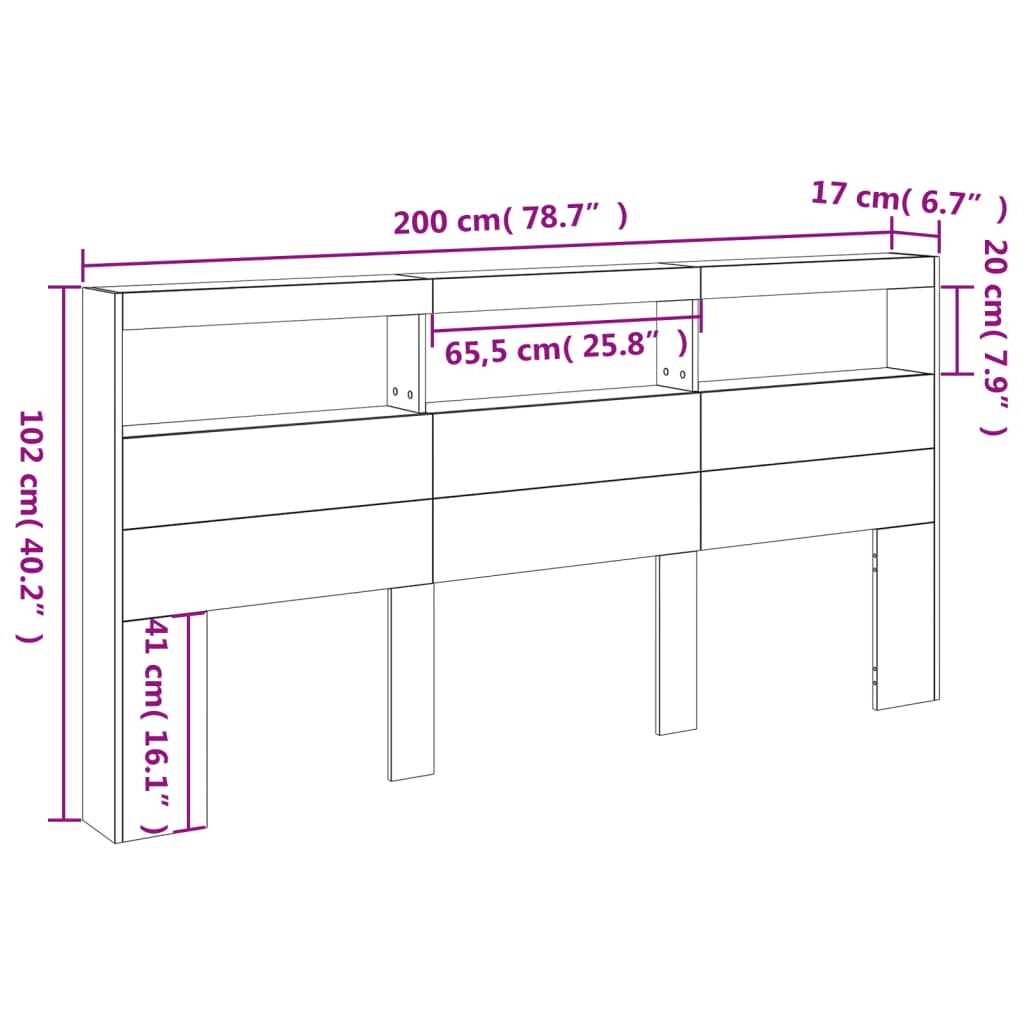 vidaXL sengegavl med opbevaring og LED-lys 200x17x102 cm betongrå